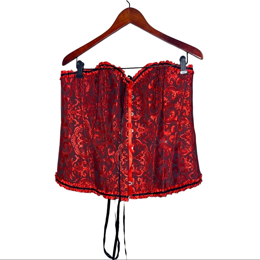 Couer de Vague Red  Black Brocade Lace-Up Corset Size 14 New